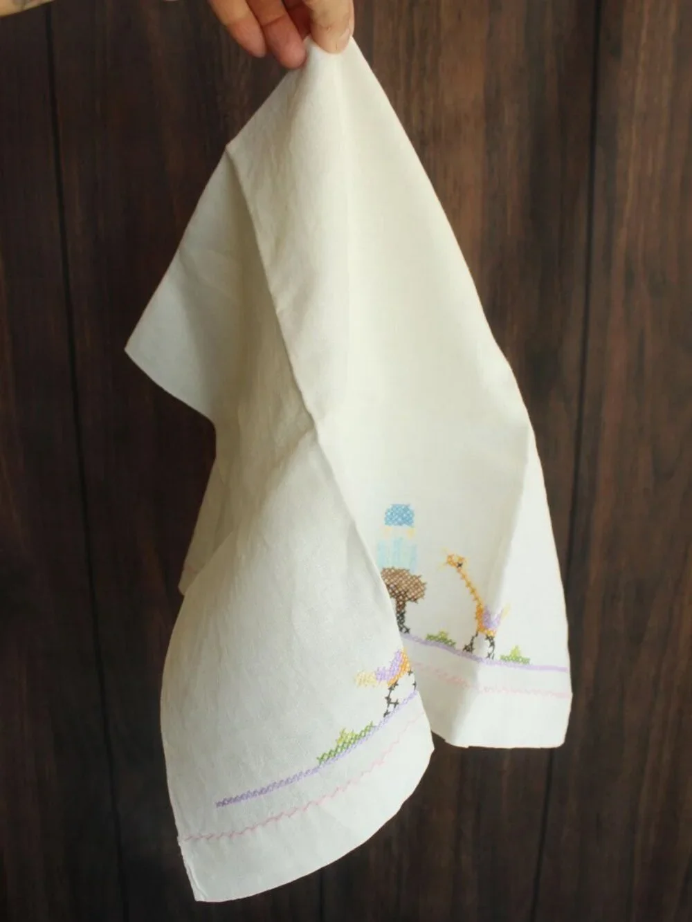 Vintage 1950s Hand Towel, White Linen Cross-stitched, Embroidery Tea Towel